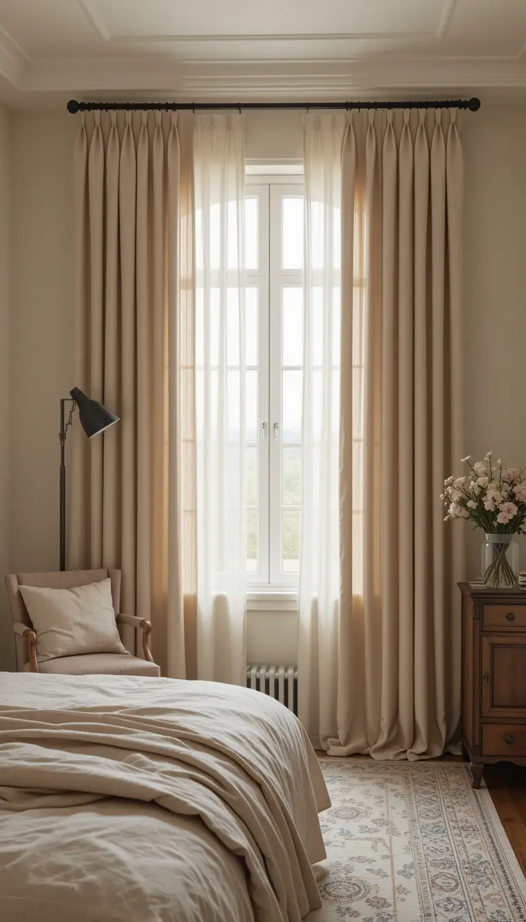 a serene bedroom with toned curtains