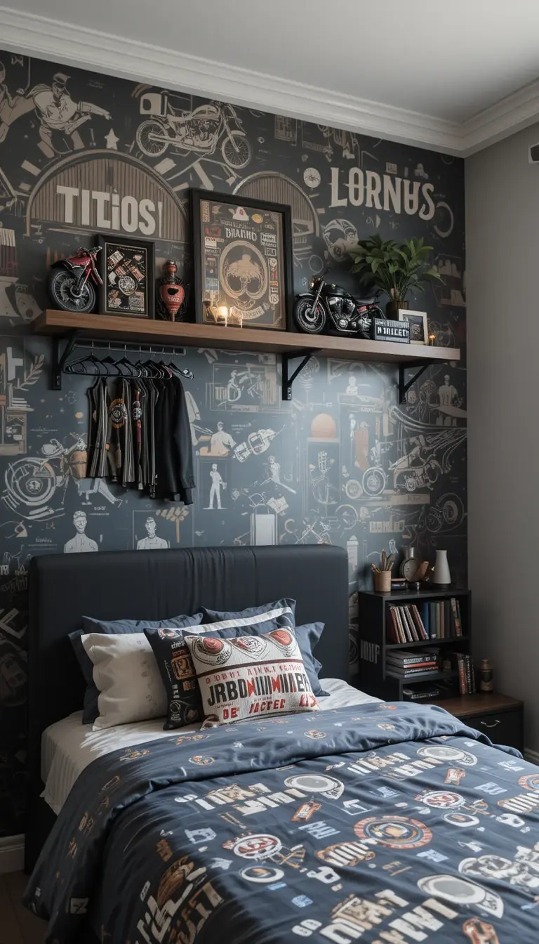a teenage boy bedroom with a biker theme