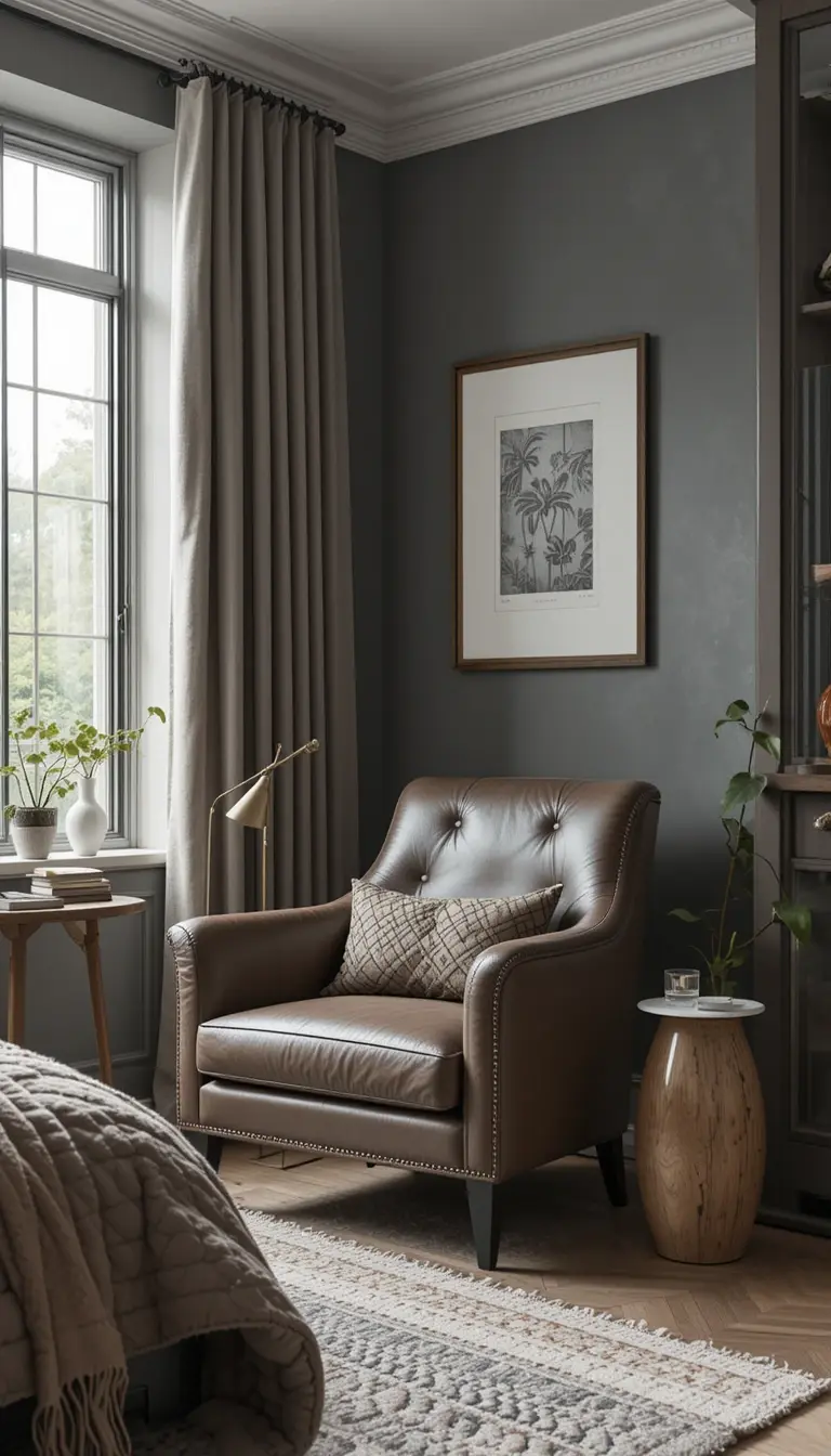 a bedroom with a leather accent chair
