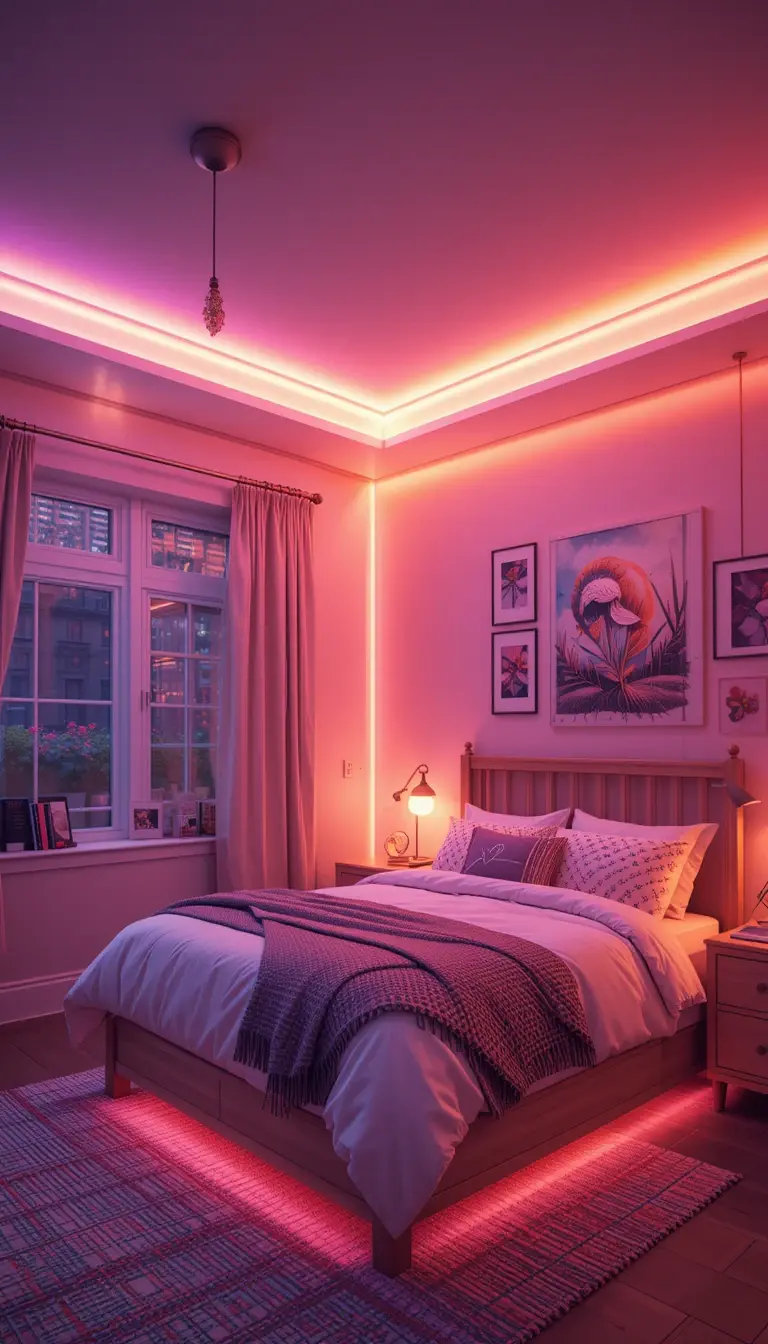 a teenage girl bedroom with led lights