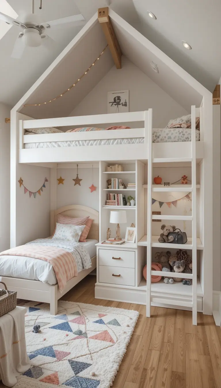 a shared kids bedroom with lofted beds