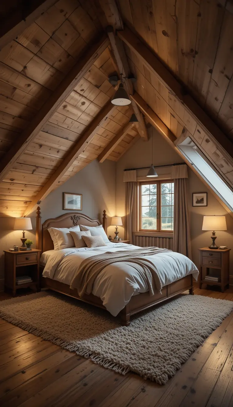 an attic bedroom with warm tone lighting