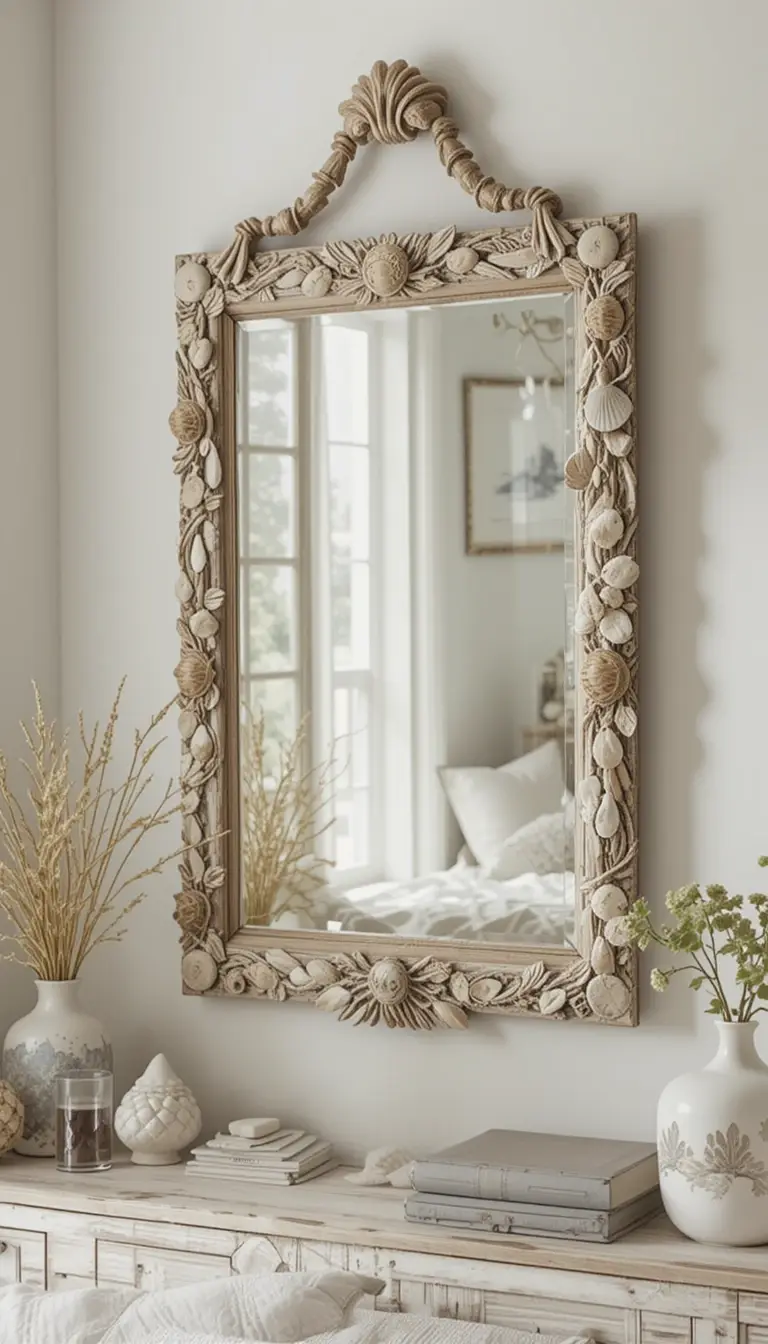 a coastal bedroom with a decorative mirror