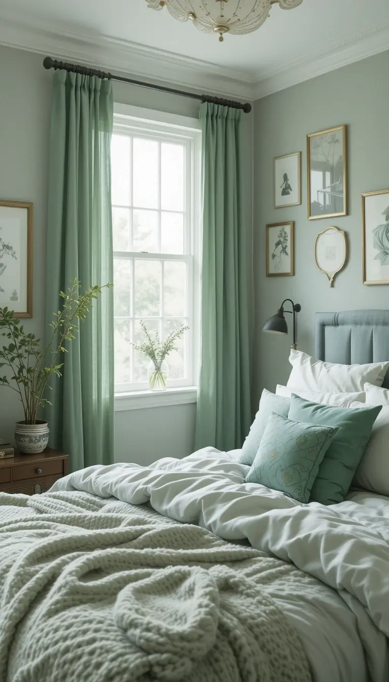 a teenage girl bedroom with a sage green theme