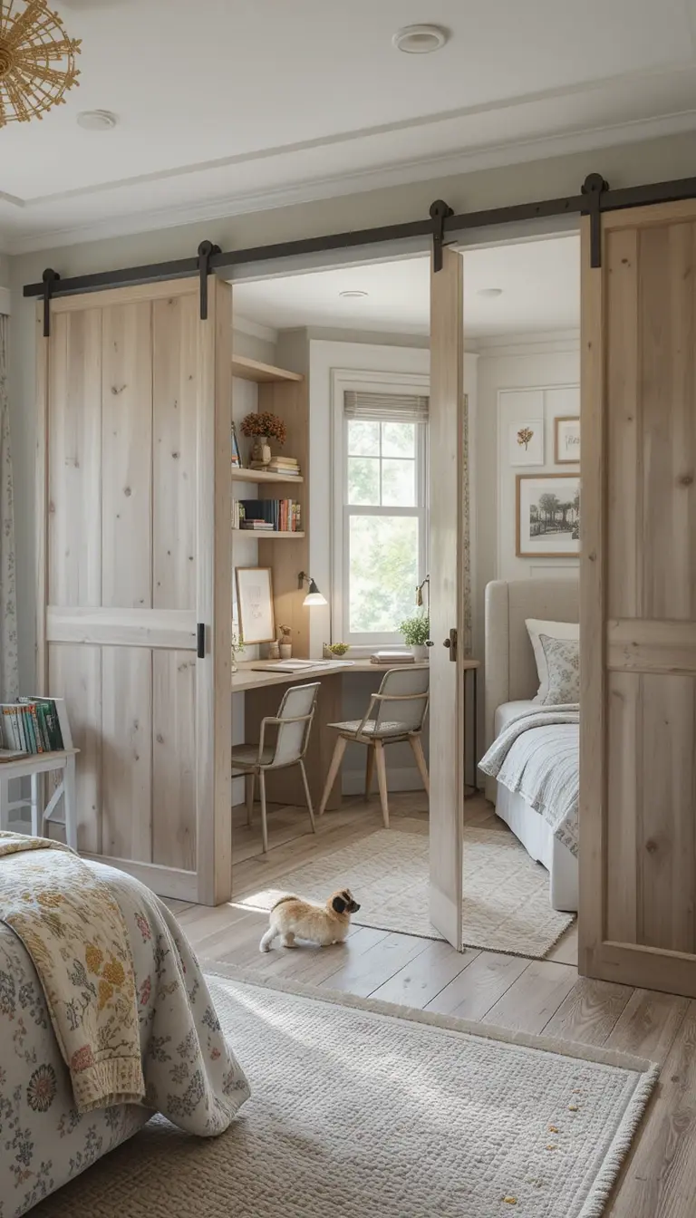 a shared kids bedroom with sliding barn doors