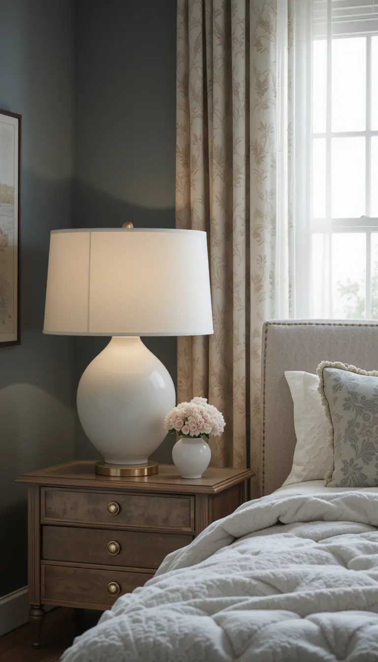 a bedroom with white ceramic light stands