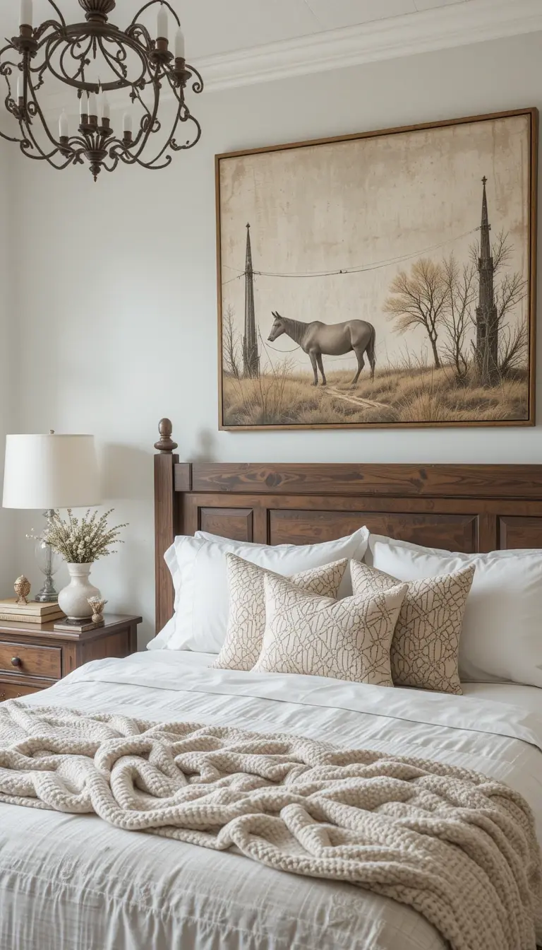 a farmhouse bedroom with wooven wall art