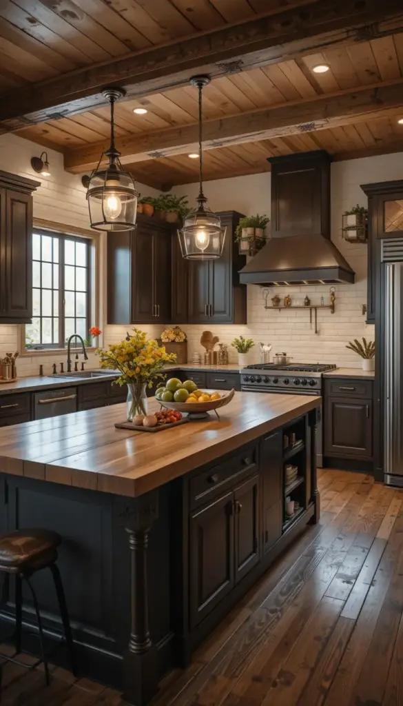 a farmhouse kitchen with industrial lighting