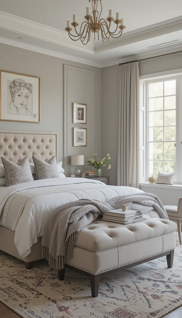 a bedroom with a ottoman
