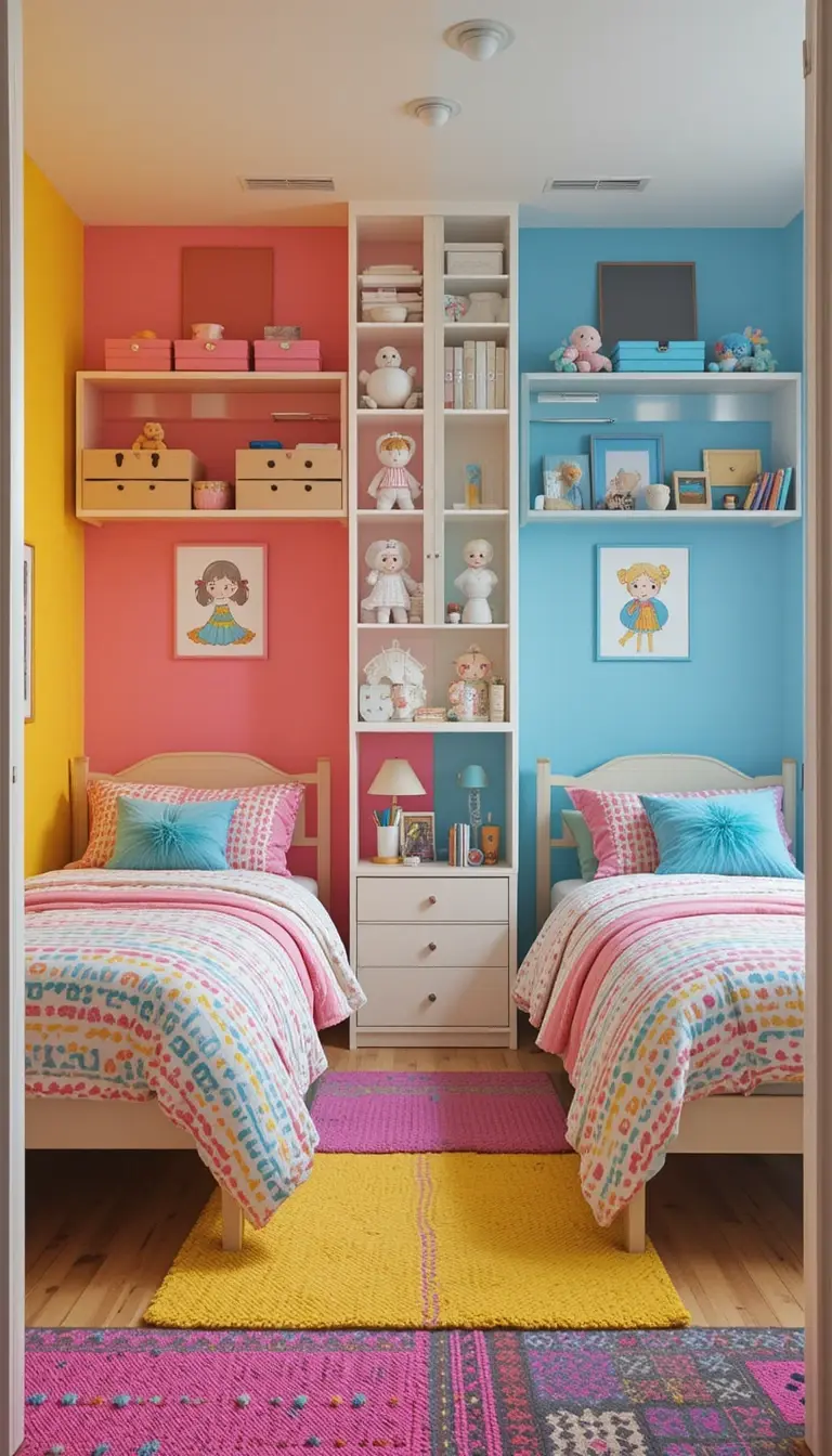 a shared kids bedroom with different color codes