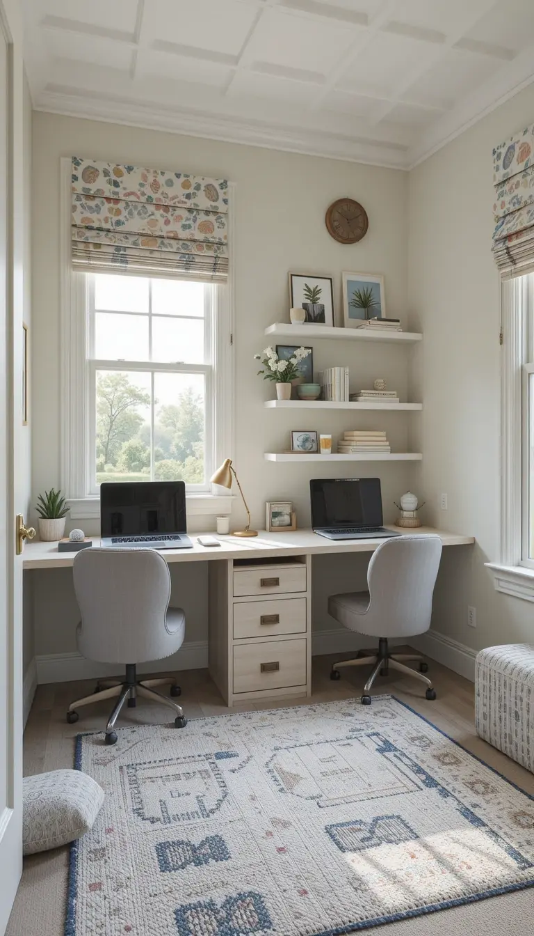 a shared kids bedroom with dual desks