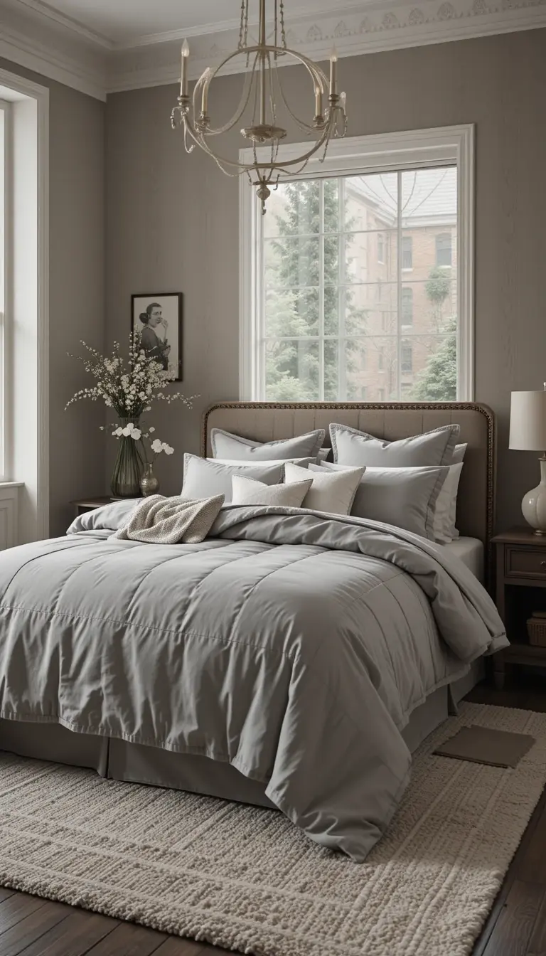 a serene bedroom with a grey duvet