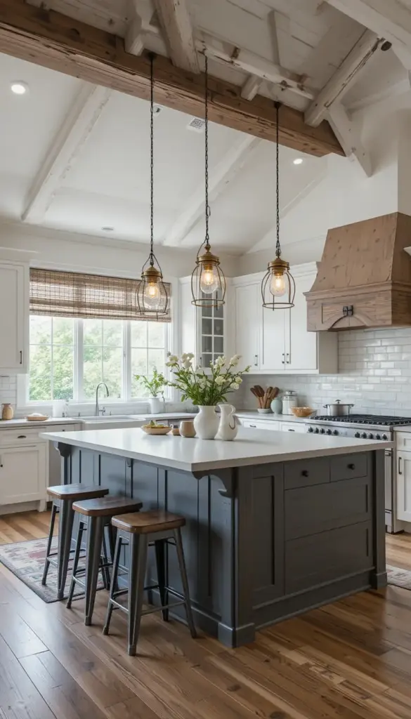 a farmhouse kitchen with pendant lights