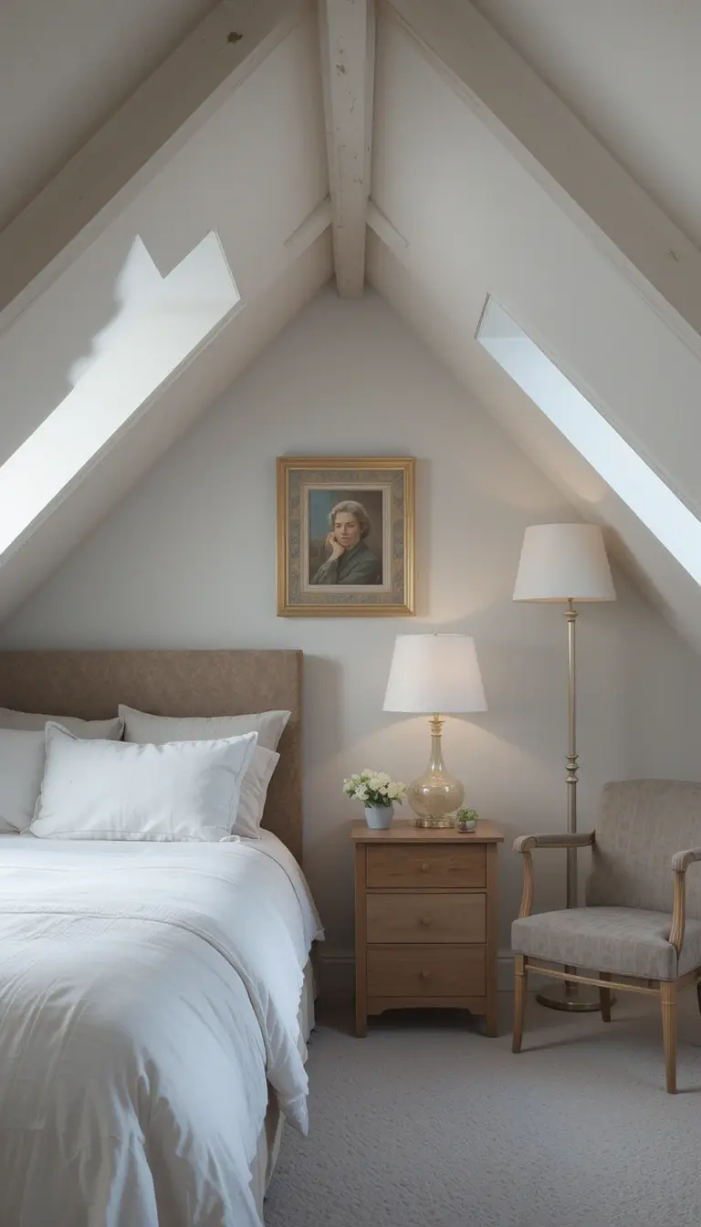 an attic bedroom with a table floor lamp