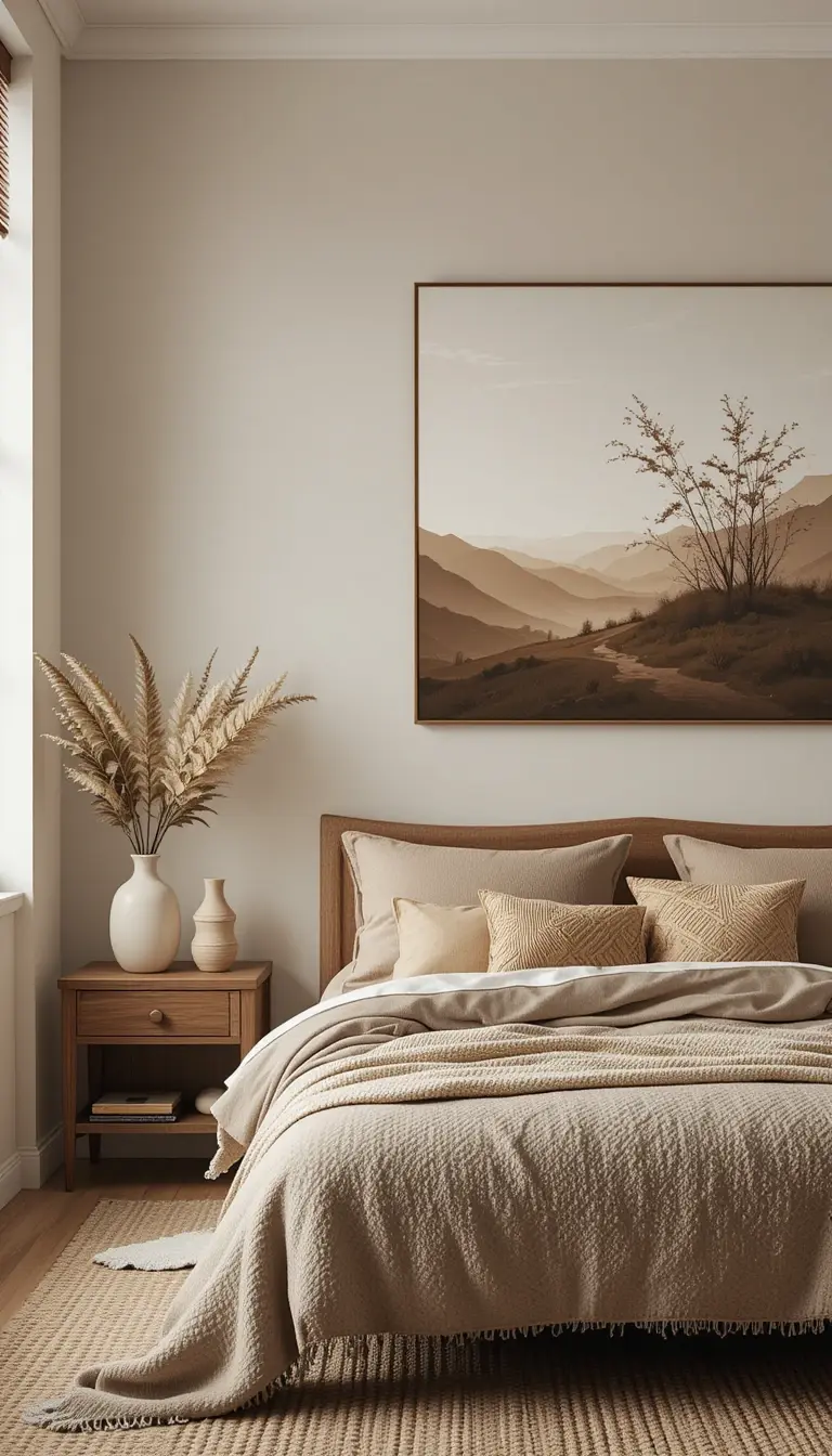 a serene bedroom with artwork adorned wall