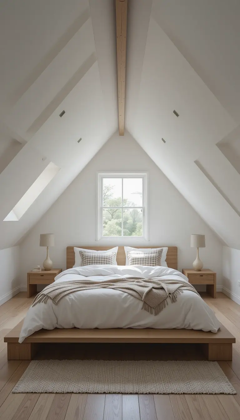 an attic bedroom with a low platform bed