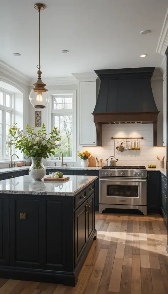 a farmhouse kitchen with two tone cabinets
