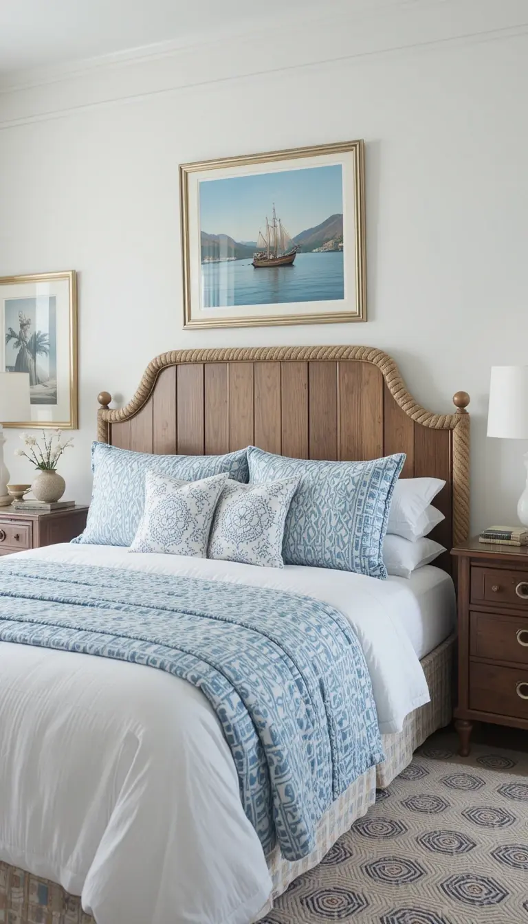 a coastal bedroom with a thematic head board