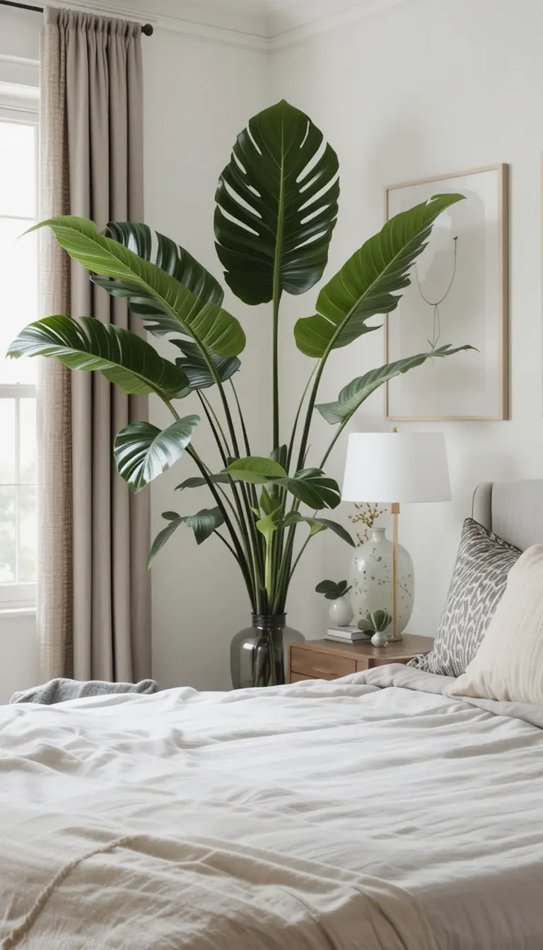 a serene bedroom with statement plants