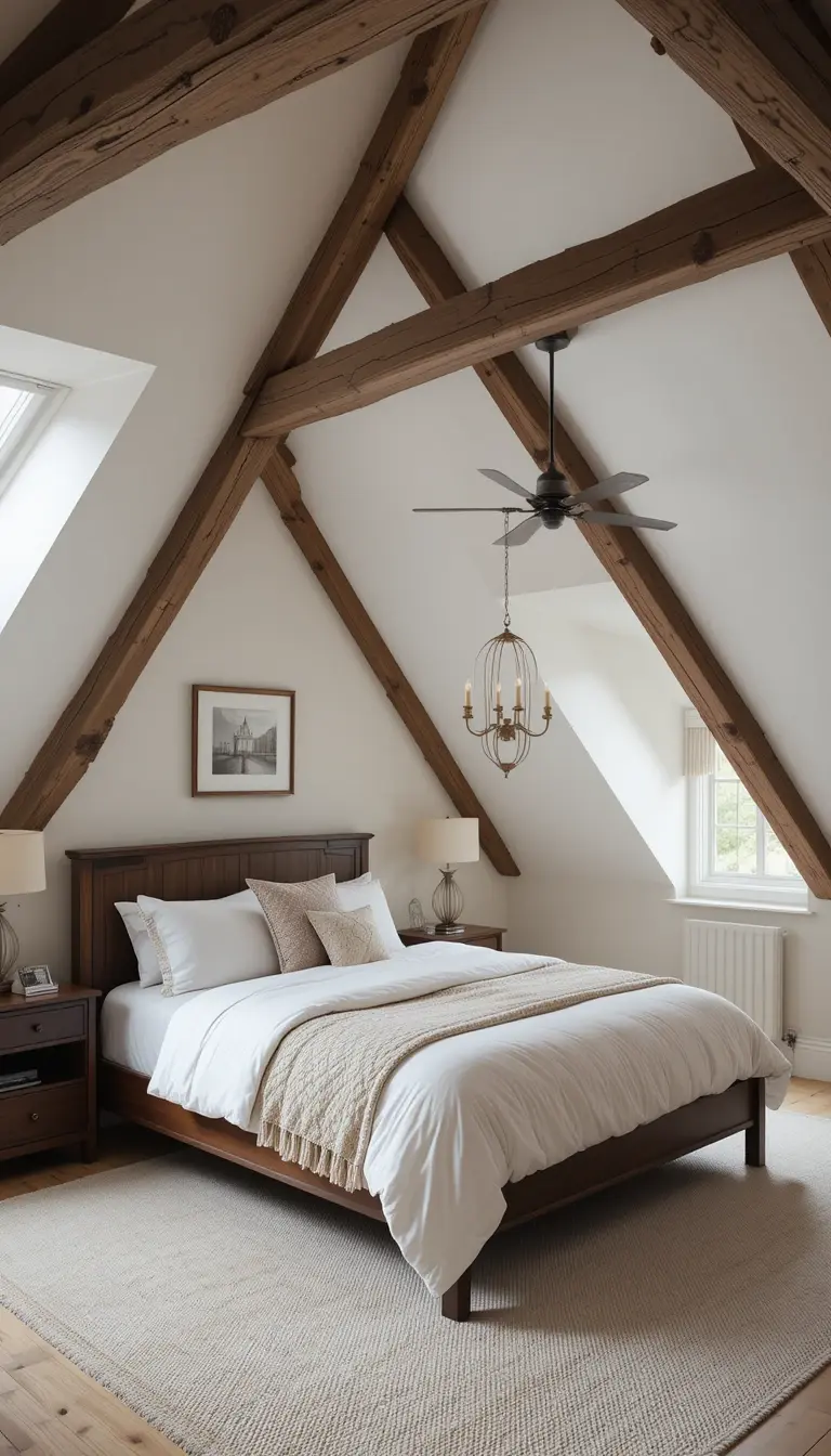an attic bedroom with architectural beams exposed