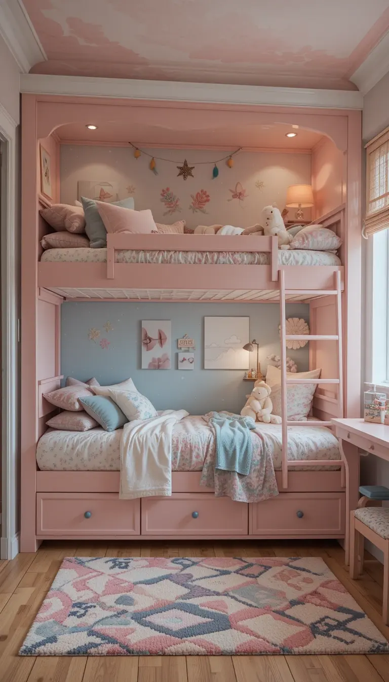 a shared kids bedroom with built in beds