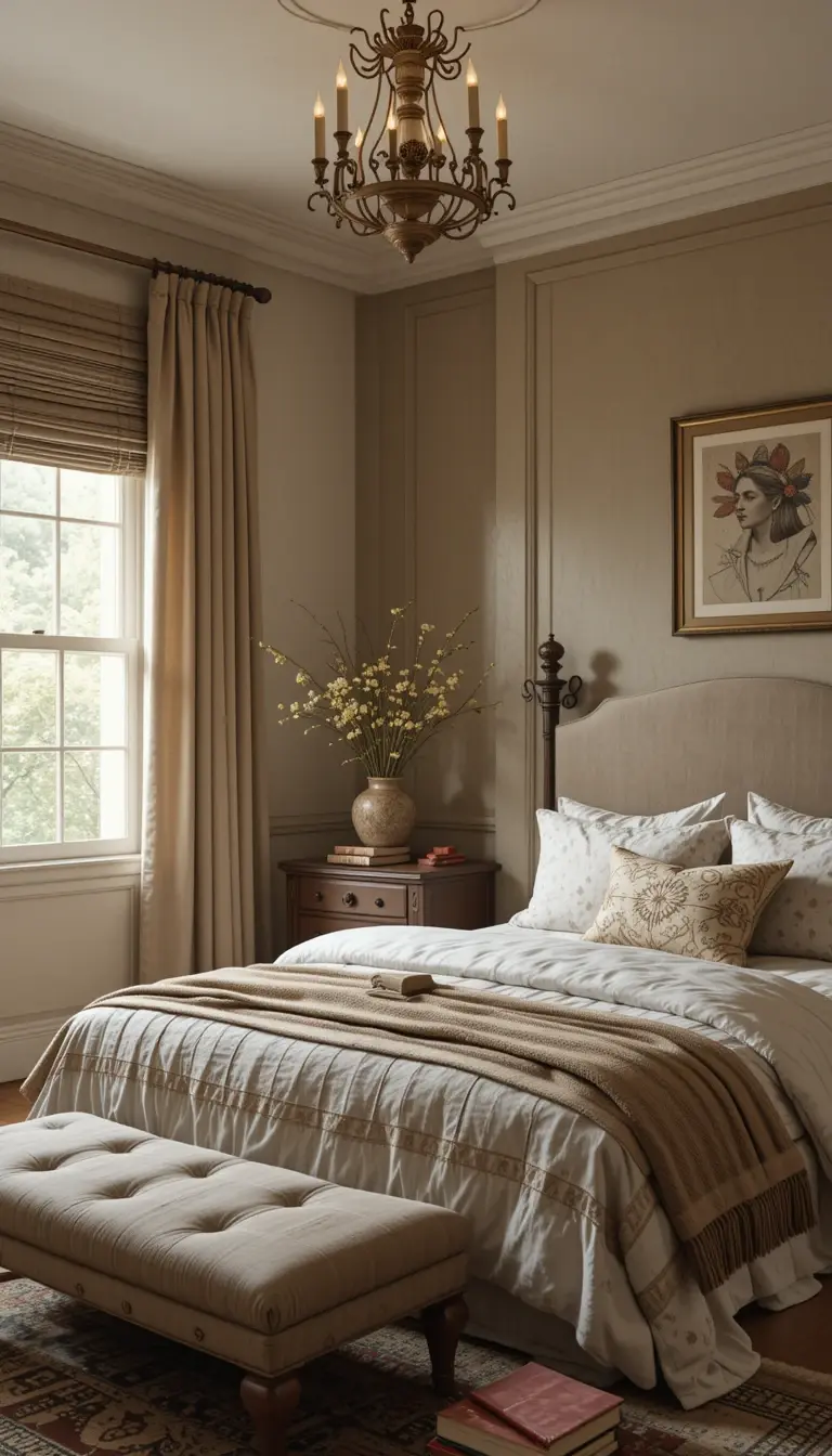 a guest bedroom with brown and beige