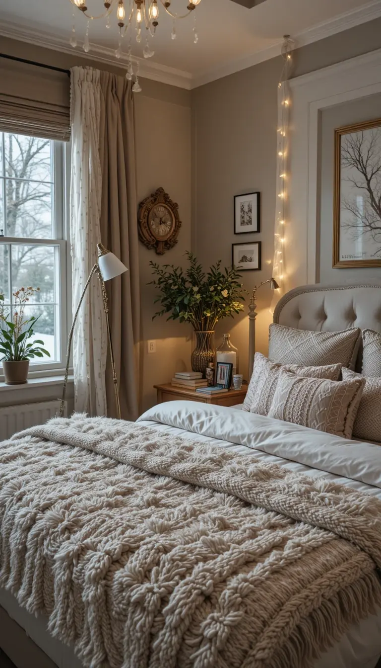 a guest bedroom with plush decor