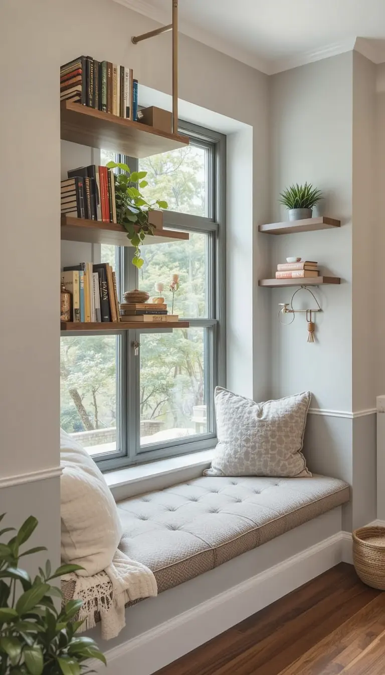 a window seat with floating shelves