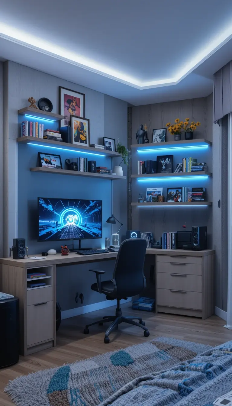 a teenage boy bedroom with gaming station