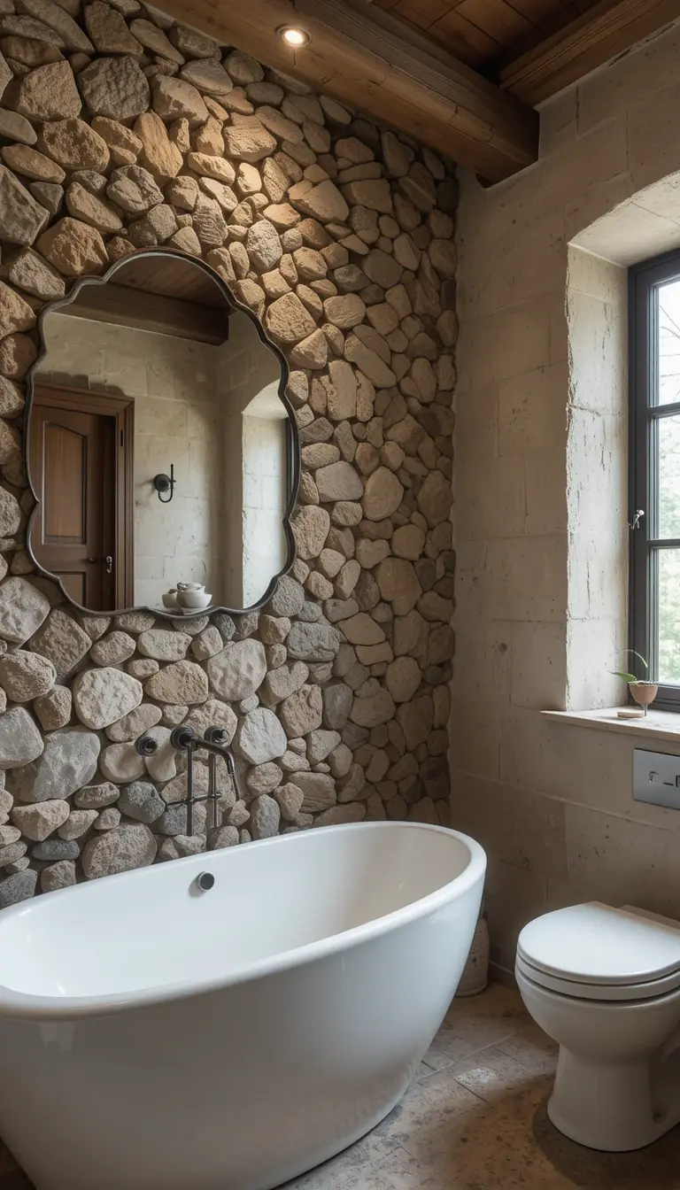 a rustic bathroom with stone brick wall