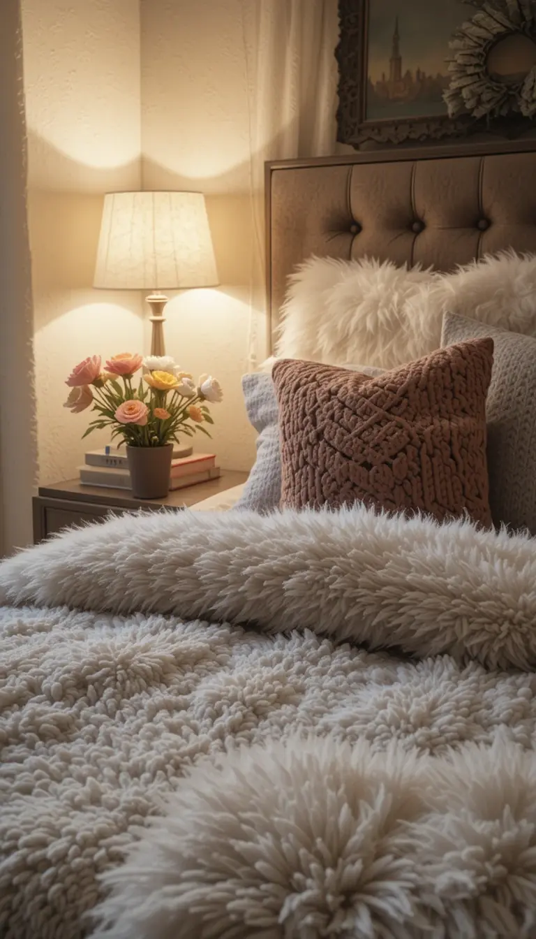 a guest bedroom with soft plush textiles