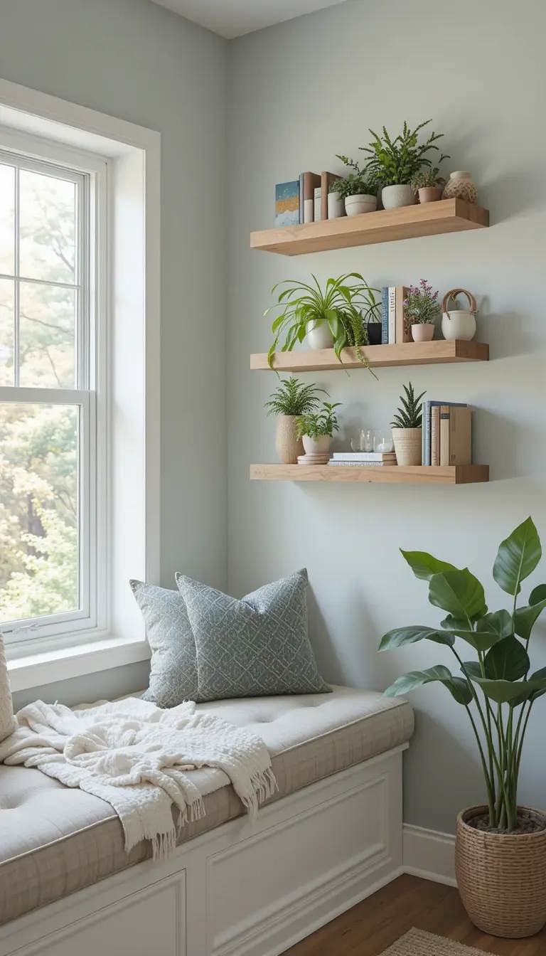 a window seat with floating shelves