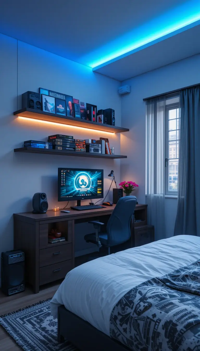 a teenage boy bedroom with gaming station