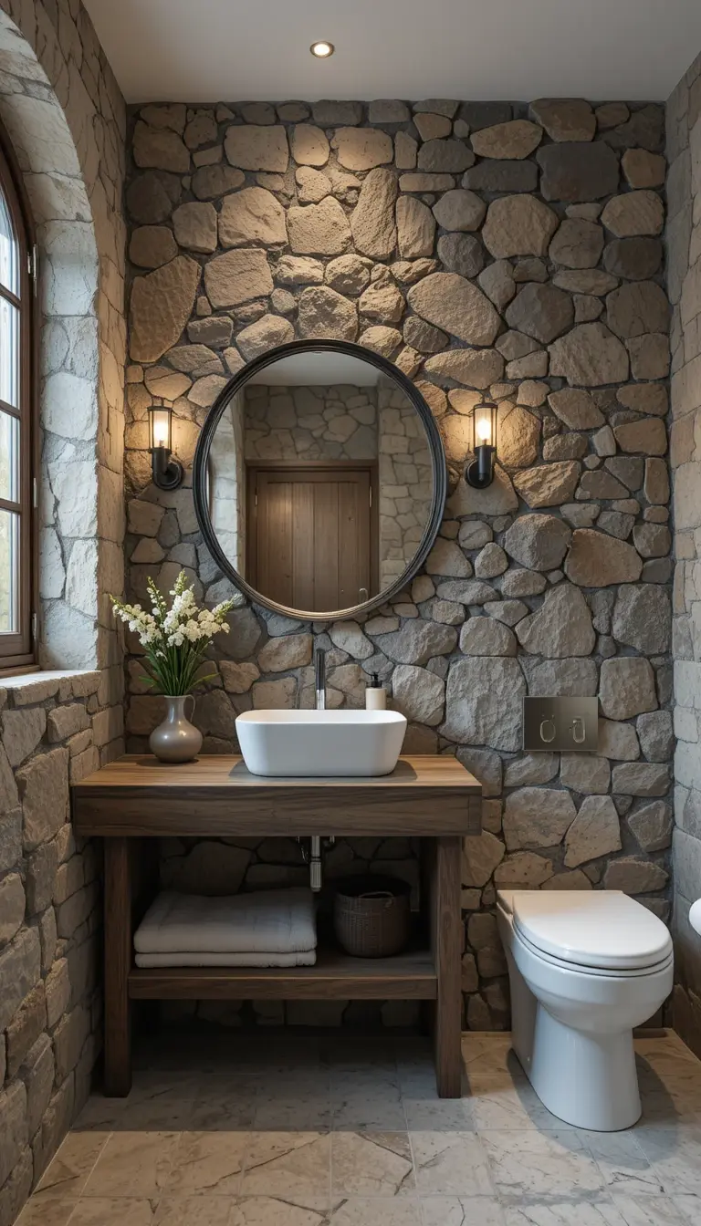 a rustic bathroom with astone brick wall