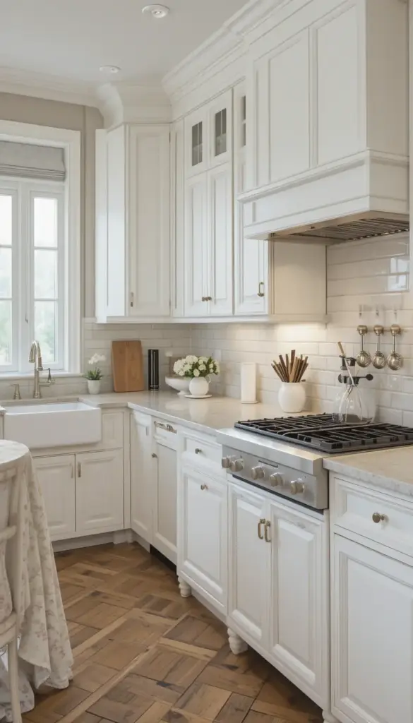 a farmhouse kitchen with white cabinetry