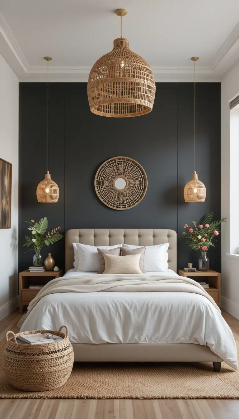 a serene bedroom with jute accents