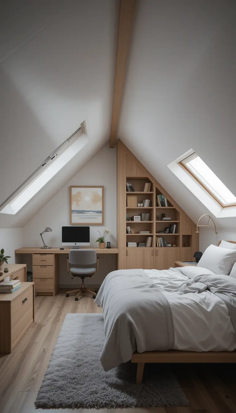 an attic bedroom with a wall mounted desk