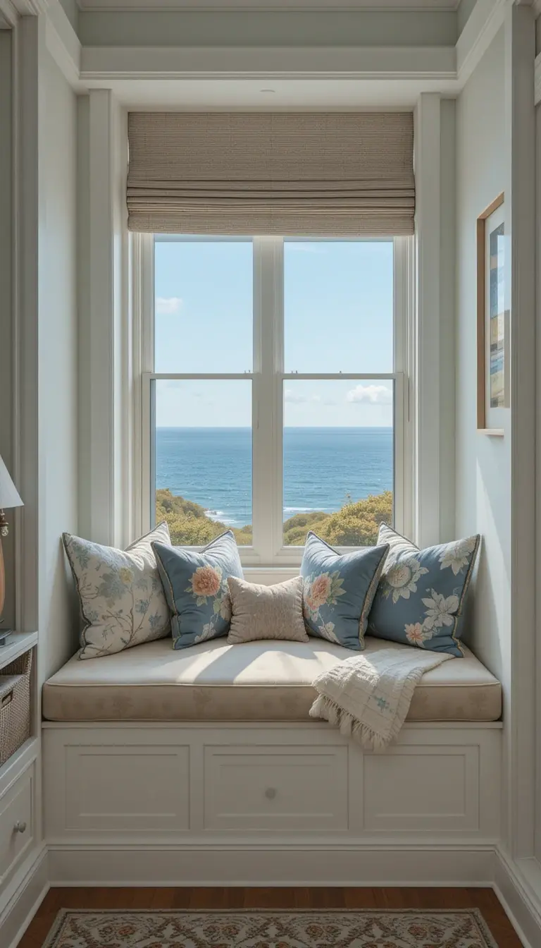 a coastal bedroom with a window seat