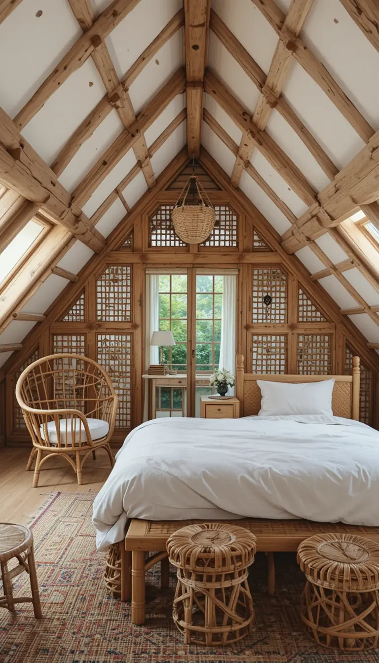 an attic bedroom with wooven seats