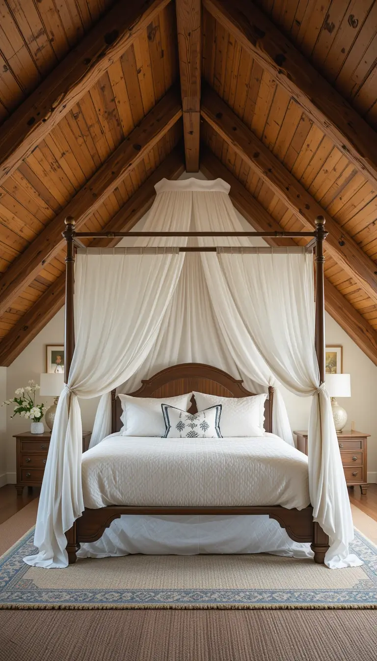an attic bedroom with a canopy bed