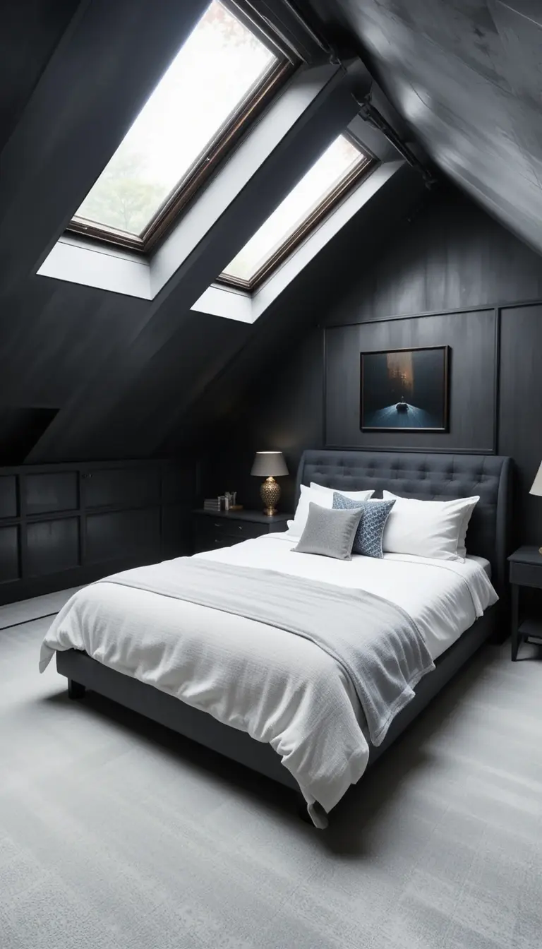 an attic bedroom with slopping mirrors