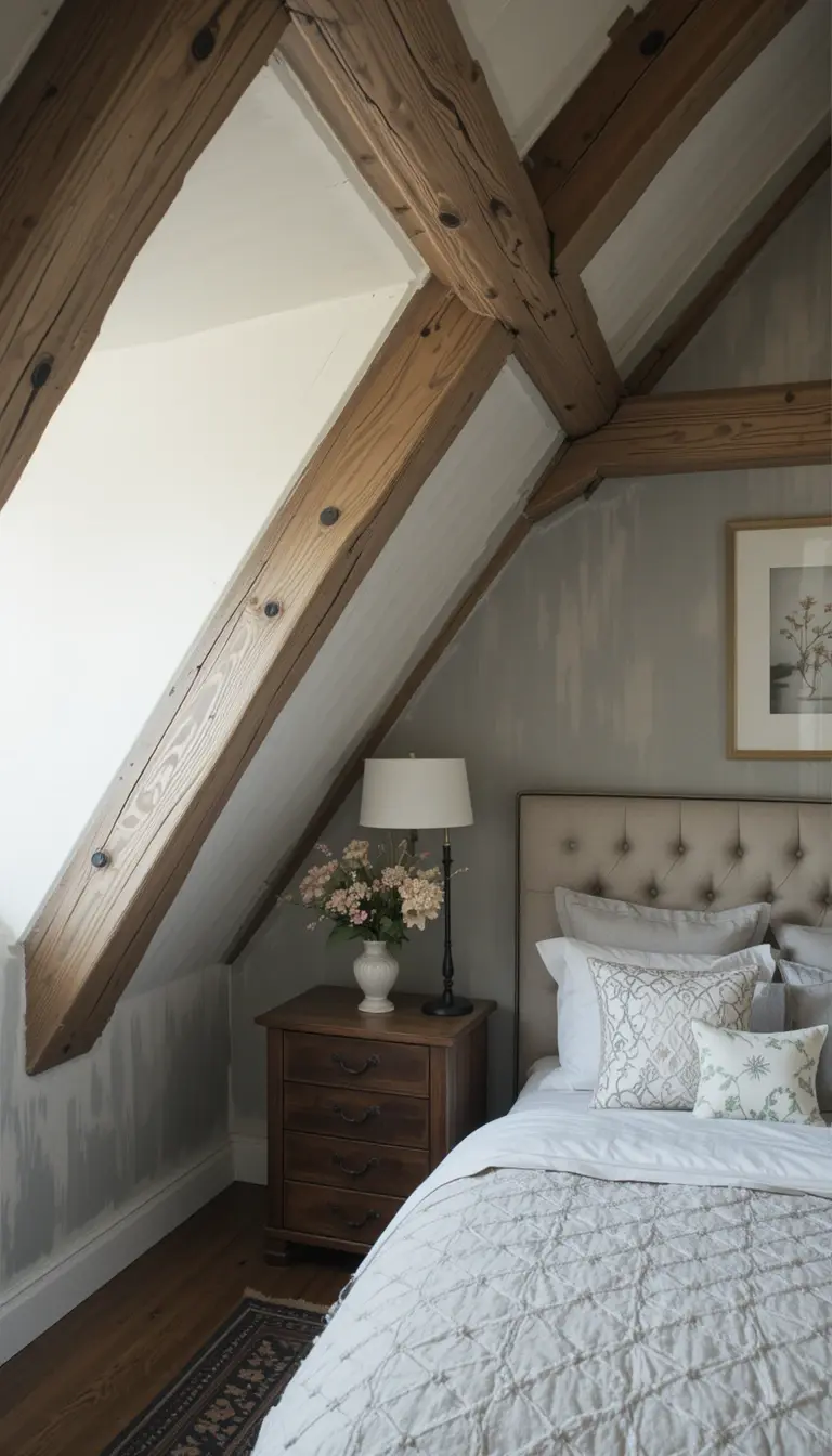 an attic bedroom with faux beams