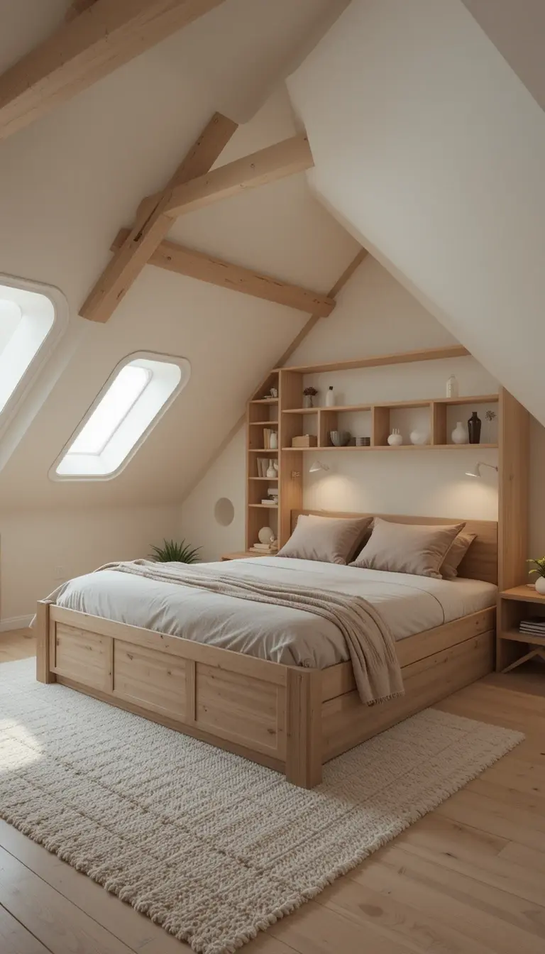 an attic bedroom with a storage headboard bed