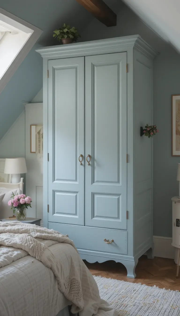 an attic bedroom with free standing armoires
