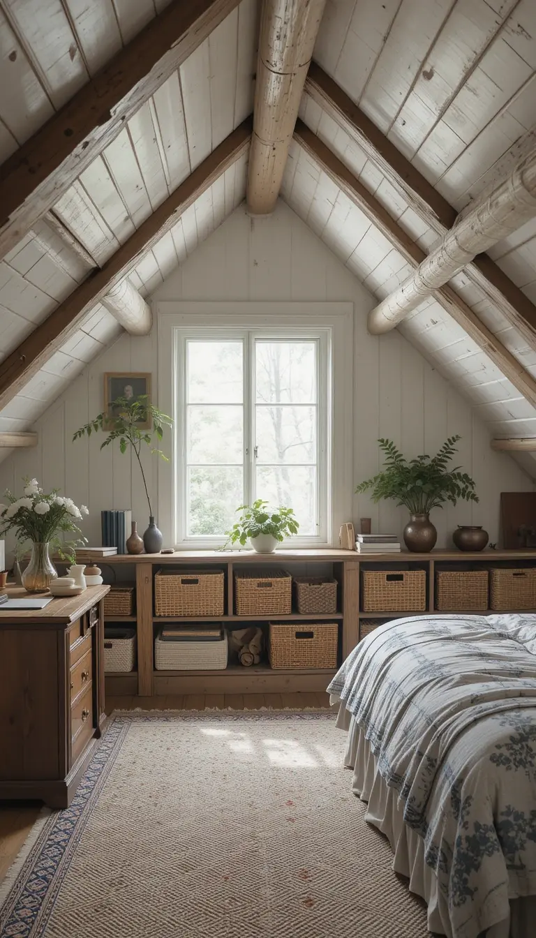 an attic bedroom with wooven baskets bins