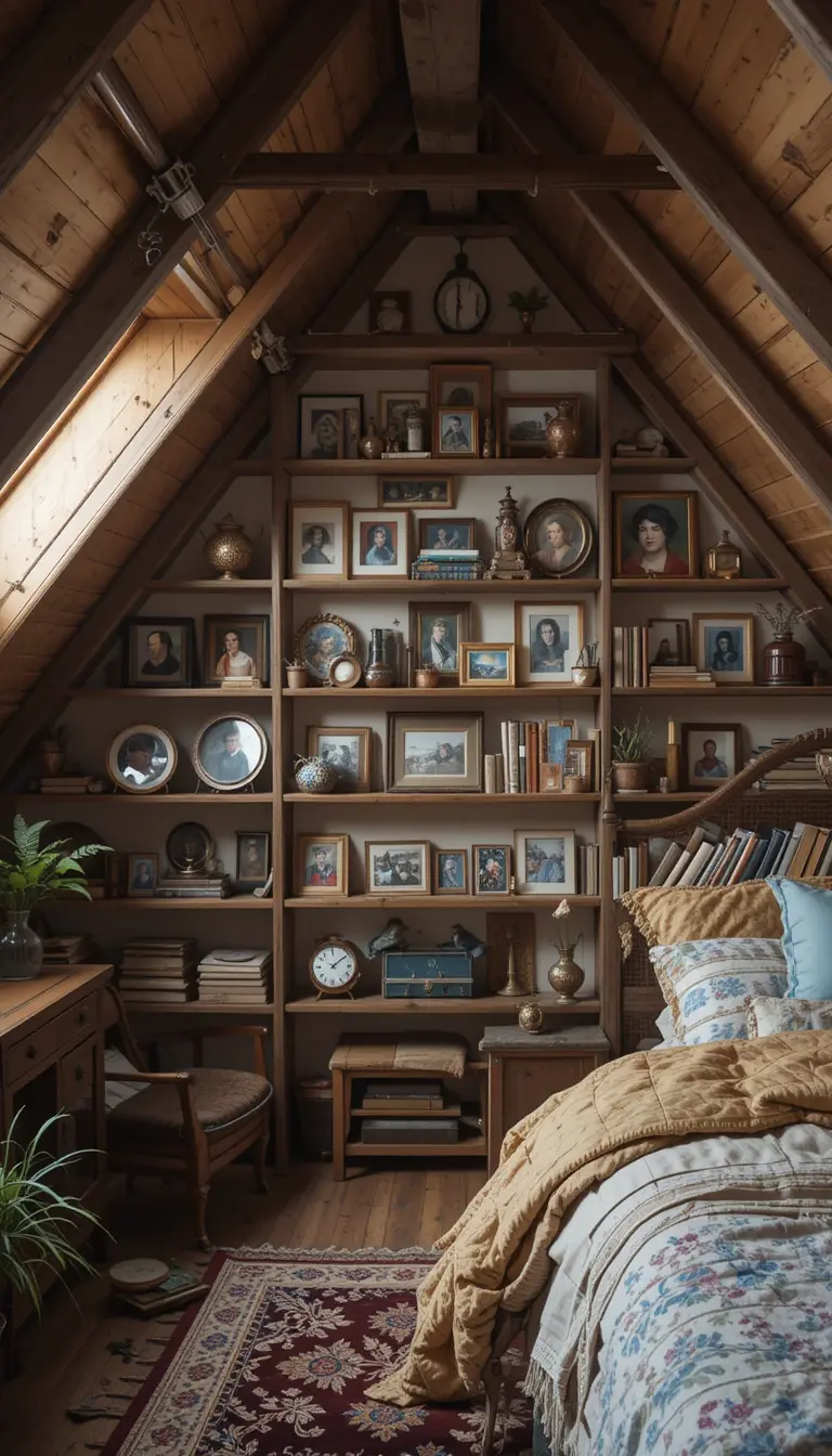 an attic bedroom showing personal collections