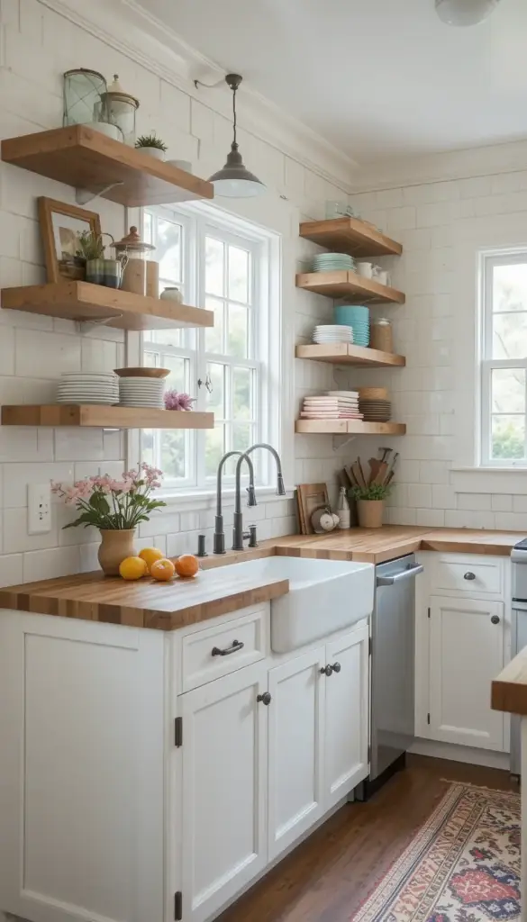 a farmhouse kitchen with butcher counter tops