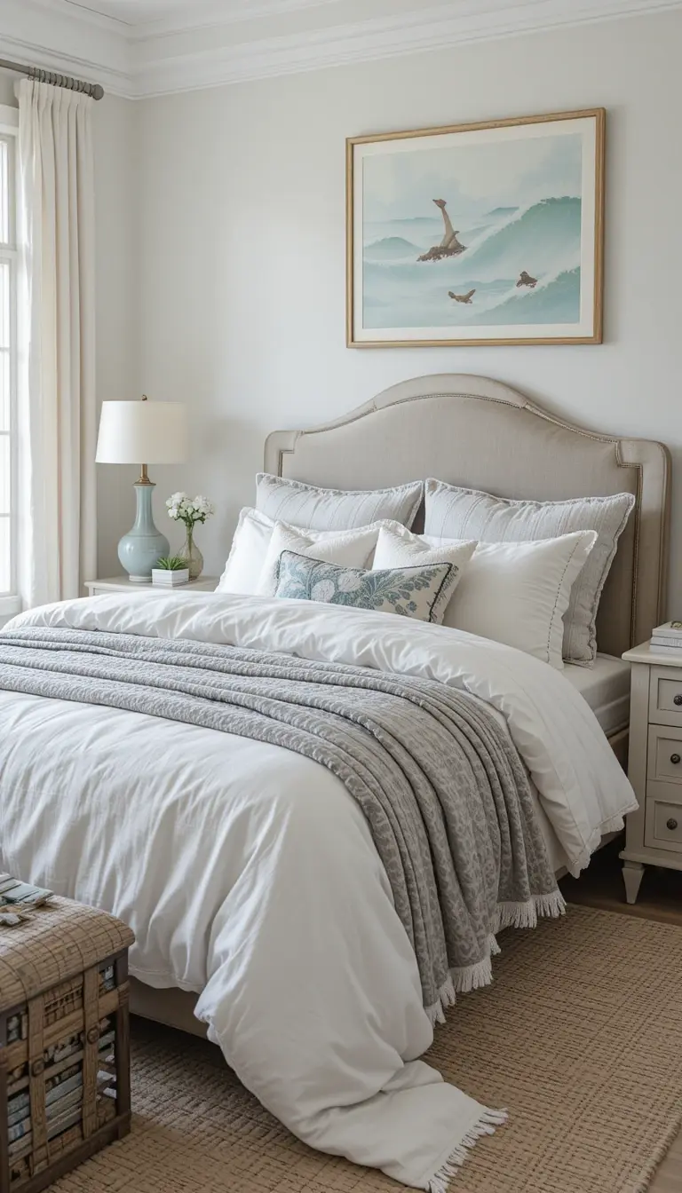 a coastal bedroom with comfortable textiles