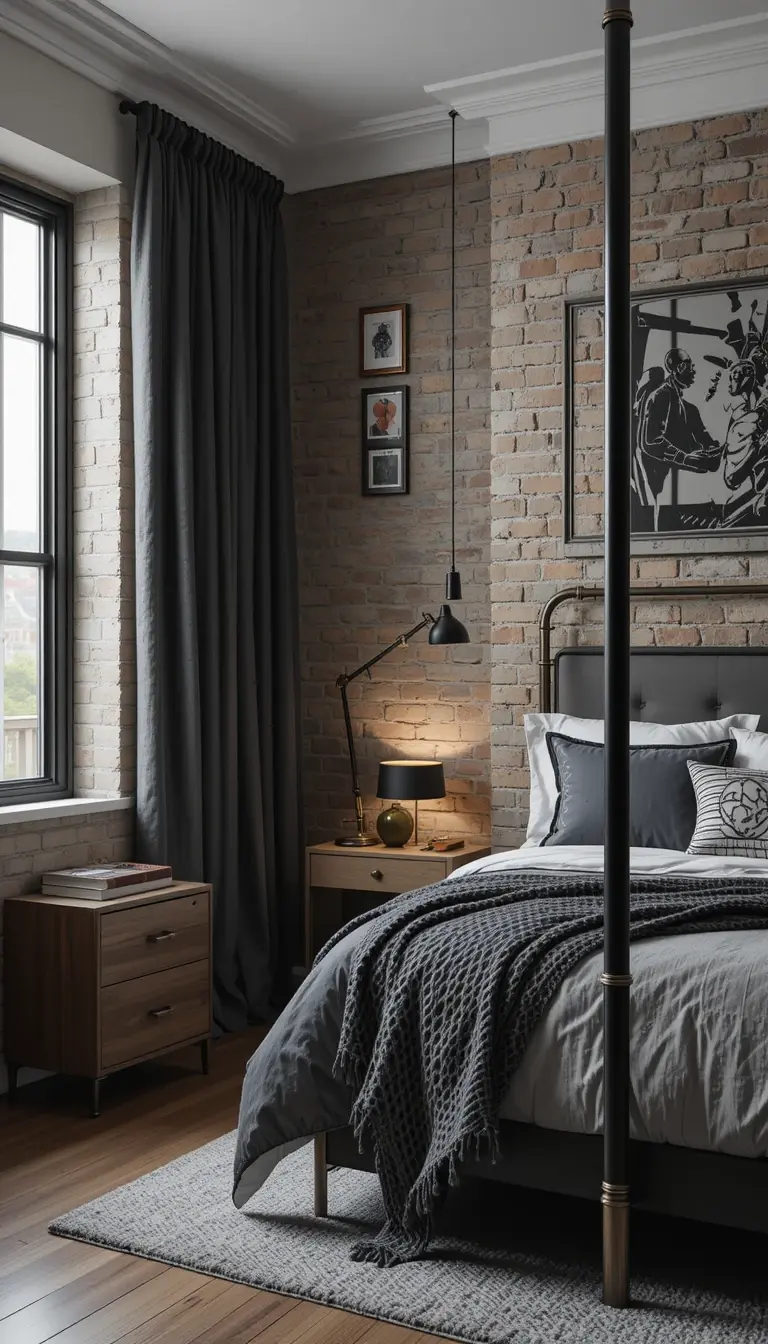 a teenage boy bedroom with a rustic theme