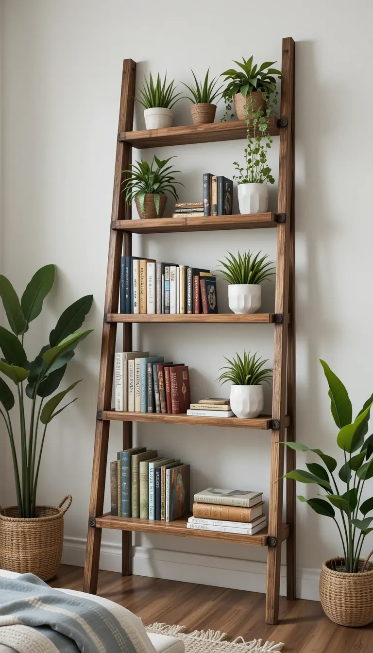 a bedroom bookshelf with a ladder design